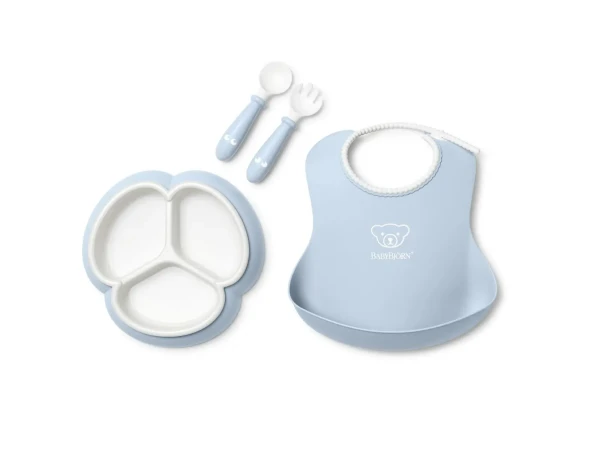 Babybjorn 4 dílný jídelní set s děleným talířkem pudrově modrý