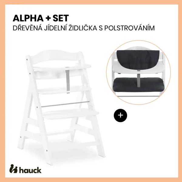 Hauck Alpha+ set 2v1 drevená stolička, white + poťah Melange charcoal