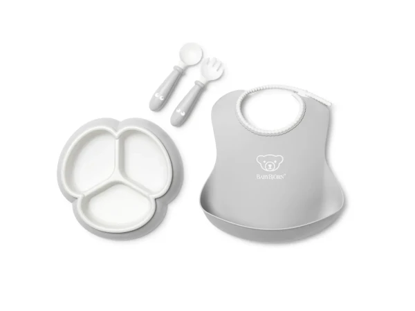 Babybjorn 4 dílný jídelní set s děleným talířkem šedý