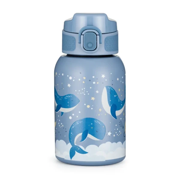 PETITE&MARS Fľaša nerezová termo so slamkou 350 ml Whale Song 12m+
