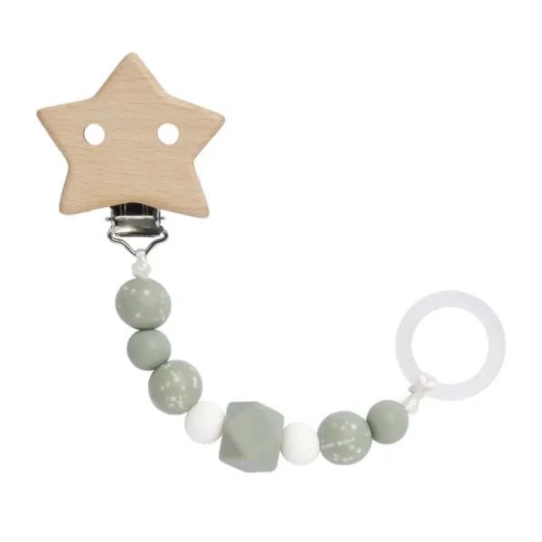 LÄSSIG Soother Holder Wood/Silicone 2024 Little Universe star olive