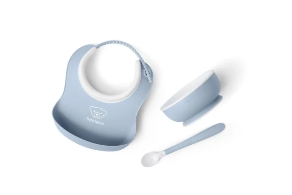 Babybjorn set na krmení 3 dílný,malý  bryndák, miska a lžička, pudrově modrý