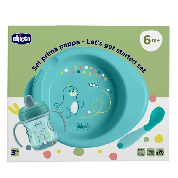 CHICCO Štartovný set - tanier, fľaša a lyžička blue 6m+