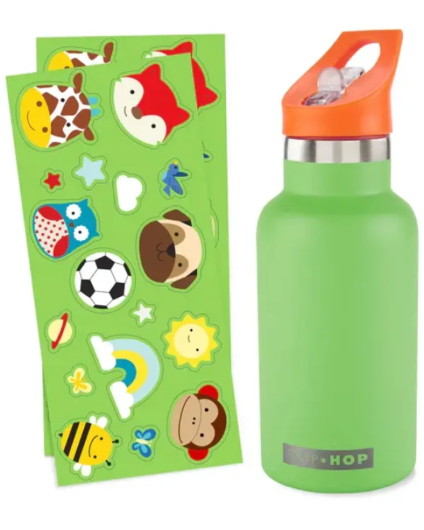 SKIP HOP Fľaša so slamkou nerezová s nálepkami canteen zelená 380 ml, 4r+