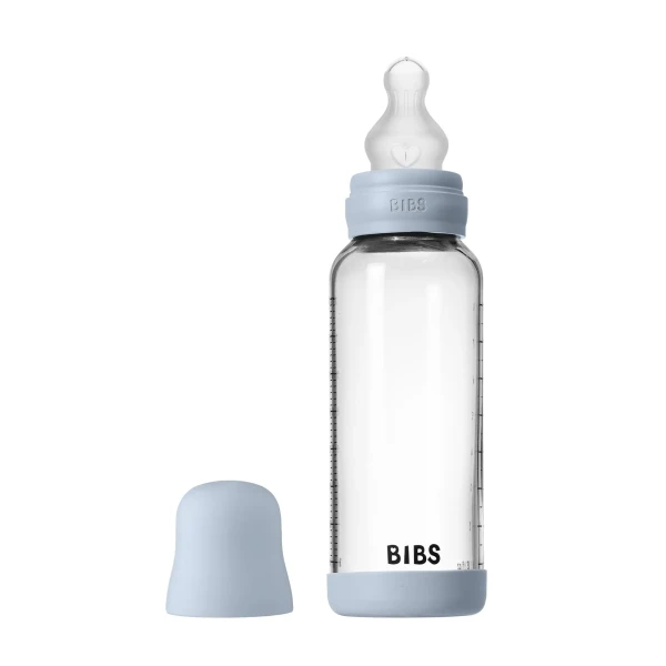 BIBS antikoliková sklenená fľaša so silikónovým cumlíkom 240ml baby-blue