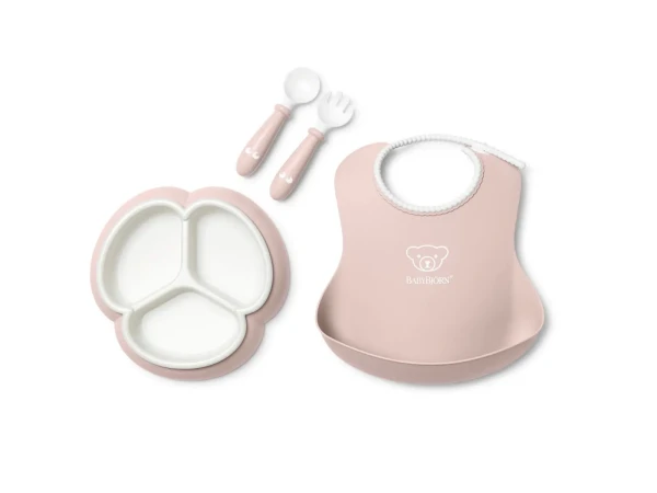 Babybjorn 4 dílný jídelní set s  děleným talířkem pudrově růžový