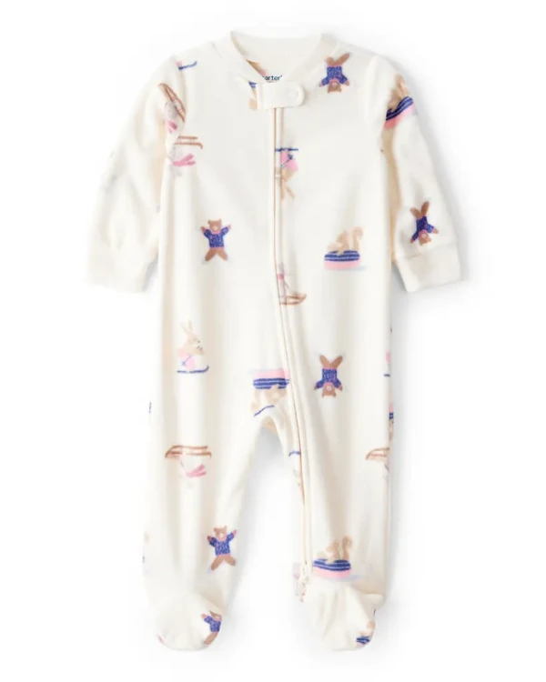 CARTER'S Overal na zips fleece Sleep & Play ivory Animal ski dievča NB/veľ.56