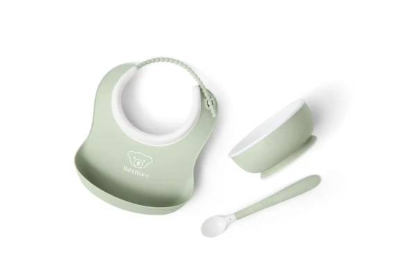 Babybjorn set na krmení 3 dílný,malý  bryndák, miska a lžička, pudrově zelený