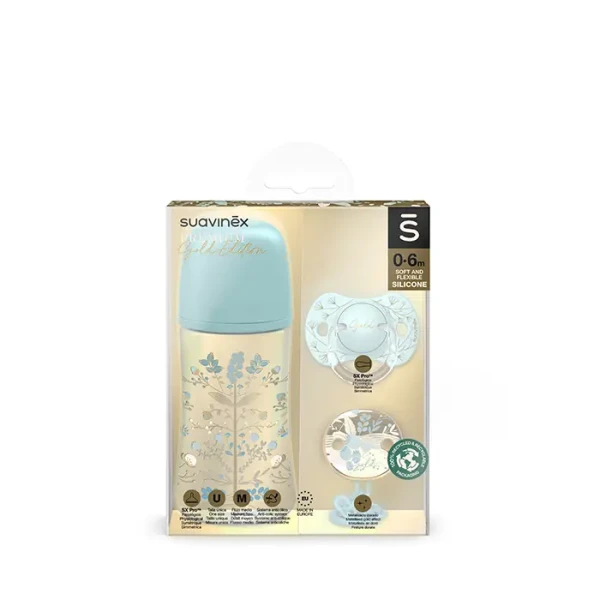 SUAVINEX | GOLD SET LÁHEV 270ml + DUDLÍK FYZIOLOGICKÝ 0/6 + KLIP GOLD - MODRÁ