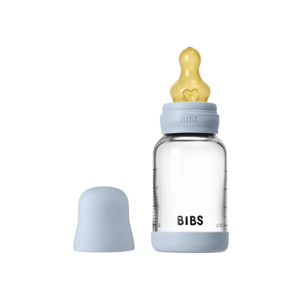 BIBS antikoliková sklenená fľaša s kaučukovým cumlíkom 120ml baby-blue