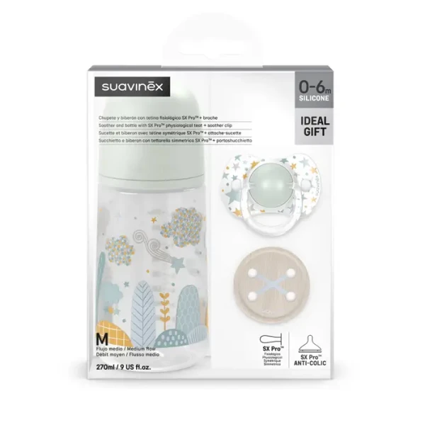 SUAVINEX | Sada láhev 270ml + dudlík fyziologický 0/6m + klip Dreams - zelená