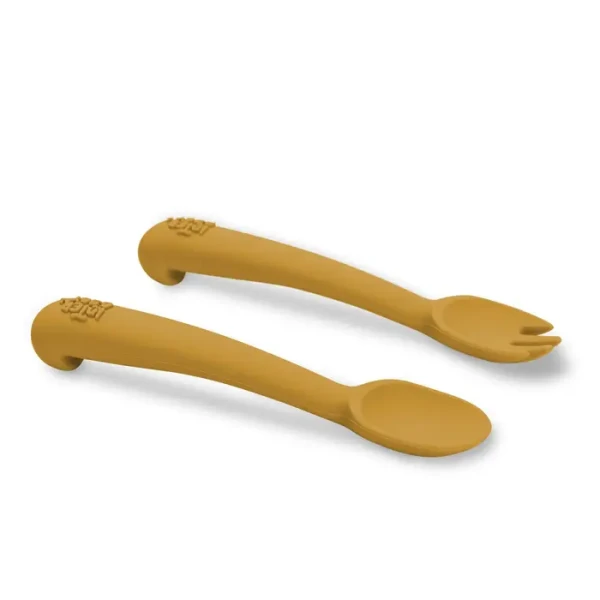INTERBABY | SET silikonová LŽIČKA + VIDLIČKA - okrový