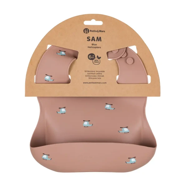PETITE&MARS Podbradník silikónový Take&Match Blue Helicopters 6m+