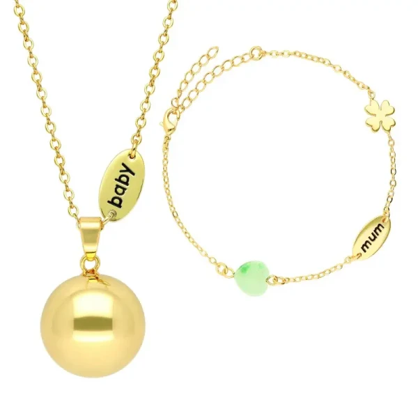 Bola Těhotenská rolnička s náramkem Nature stone beads and mum/baby charm in gold