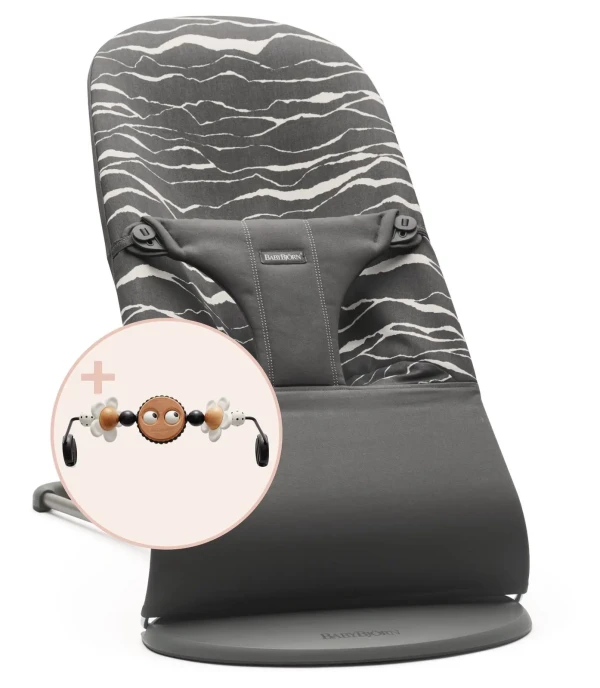 Lehátko Babybjorn Bouncer Bliss Anthracite Landscape print cotton s hračkou Googly Eyes Black/White