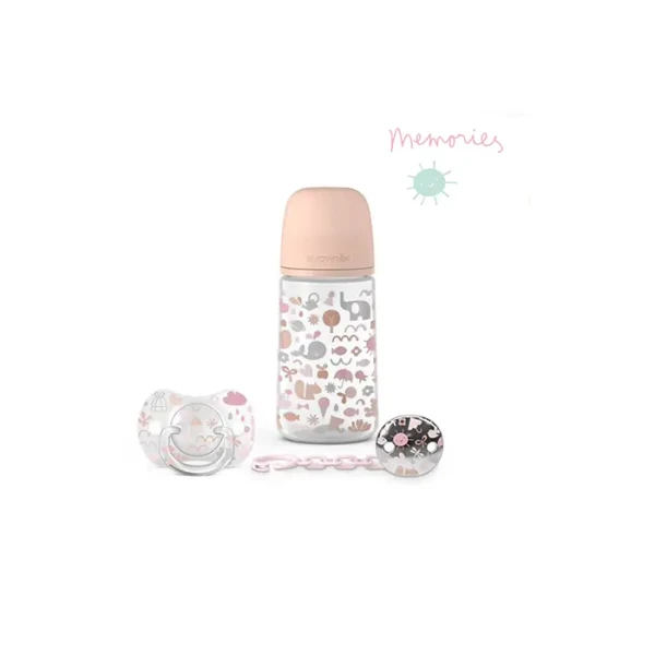 SUAVINEX | SADA LÁHEV 270ml + dudlík fyziologický 0/6m + klip MEMORIES - růžová