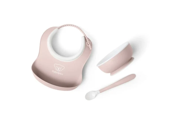 Babybjorn set na krmení 3 dílný,malý  bryndák, miska a lžička, pudrově růžový