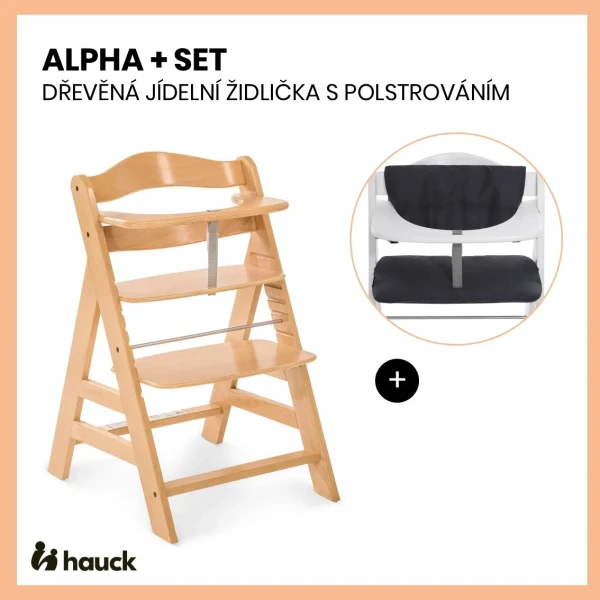 Hauck Alpha+ set 2v1 drevená stolička, natural + poťah Melange charcoal