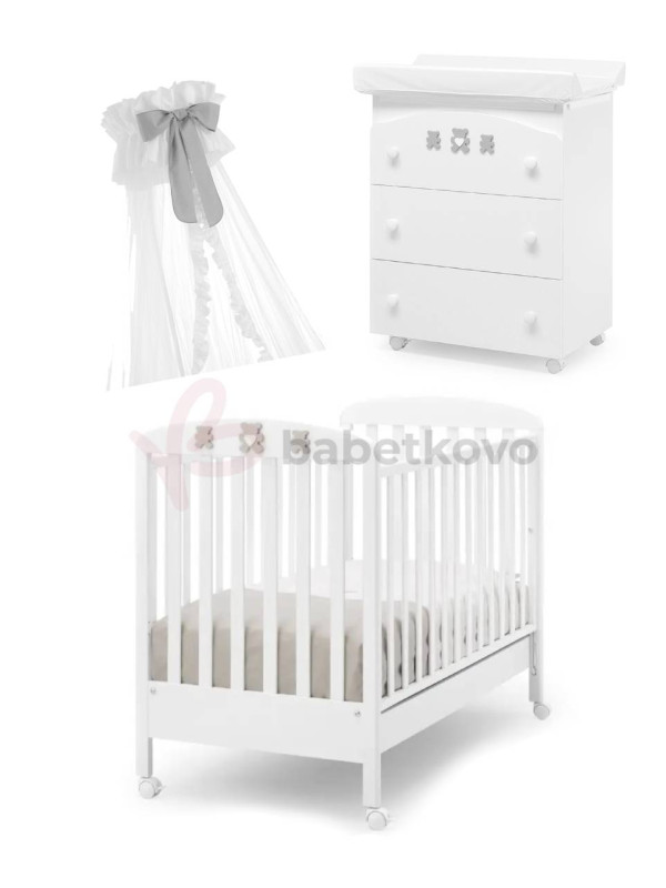 Erbesi Molly Dětský pokoj - postýlka, komoda, baldachýn Bílá/šedá