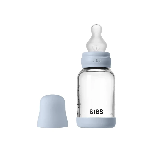 BIBS antikoliková sklenená fľaša so silikónovým cumlíkom 120ml baby-blue