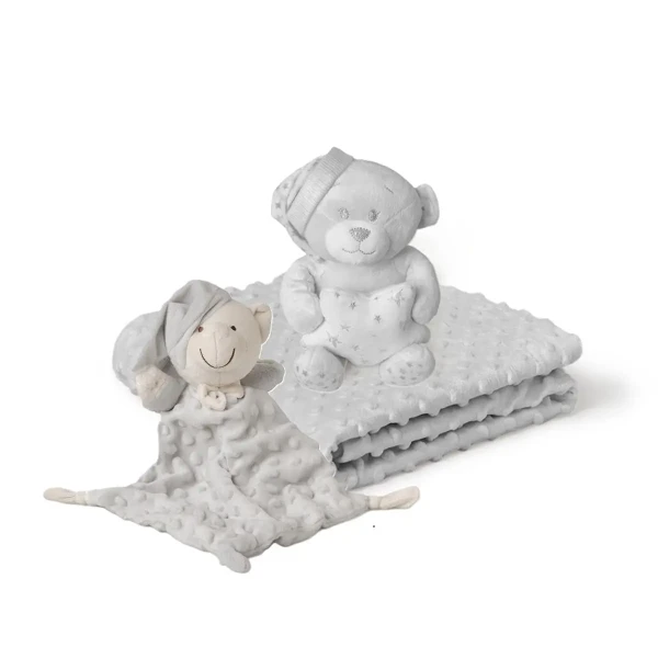 INTERBABY Deka mäkká guličky + prítulka + medvedík  - SIVÁ