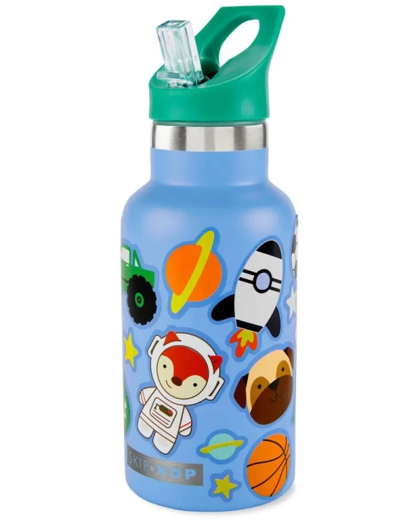 SKIP HOP Fľaša so slamkou nerezová s nálepkami canteen modrá 380 ml, 4r+