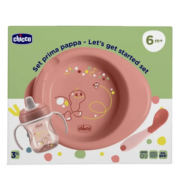 CHICCO Štartovací set - tanier, fľaša a lyžička pink 6m+
