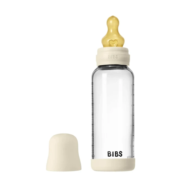 BIBS antikoliková sklenená fľaša s kaučukovým cumlíkom 240ml ivory