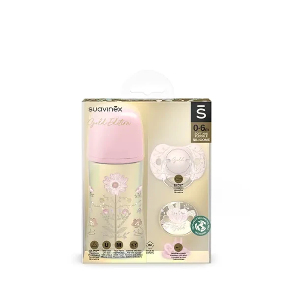 SUAVINEX | GOLD SET LÁHEV 270ml + DUDLÍK FYZIOLOGICKÝ 0/6 + KLIP GOLD - RŮŽOVÁ