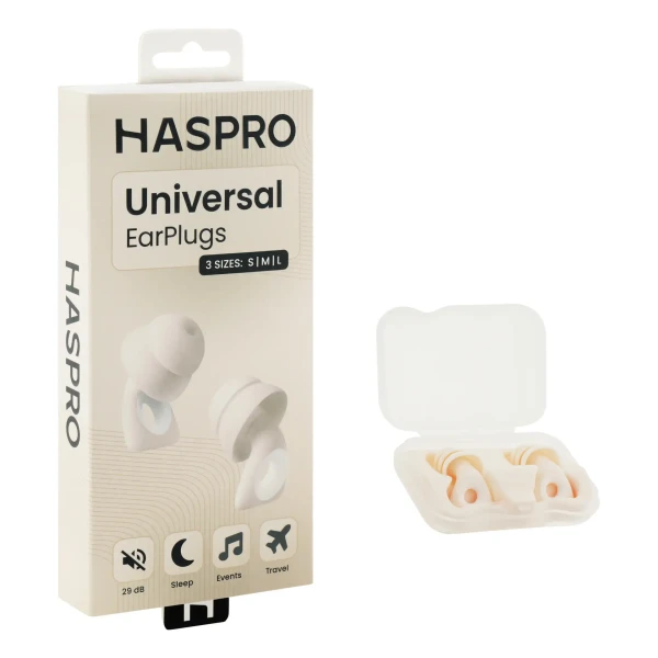 Haspro Univerzálne ušné zátky, silikónové, 29 dB, koncovky (S, M, L), béžová