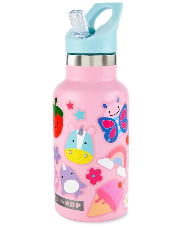 SKIP HOP Fľaša so slamkou nerezová s nálepkami canteen ružová 380 ml, 4r+
