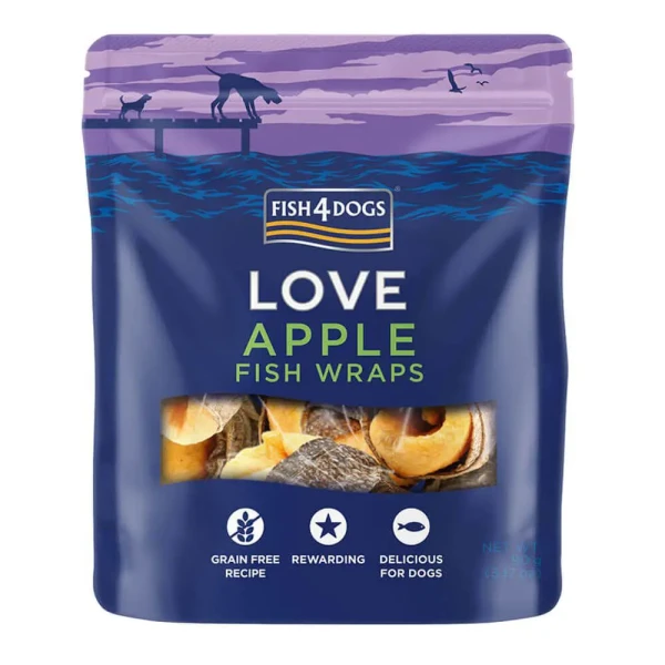 FISH4DOGS Maškrty pre psov LOVE rybie závitky s jablkom 90 g
