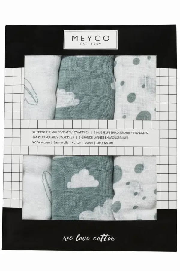 Plenky 3-balení Feathers-clouds-dots stone green/white
