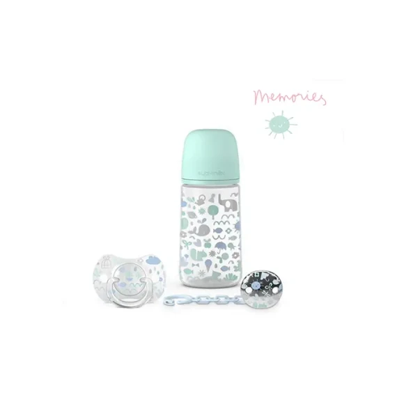 SUAVINEX | SADA LÁHEV 270ml + dudlík fyziologický 0/6m + klip MEMORIES - modrý