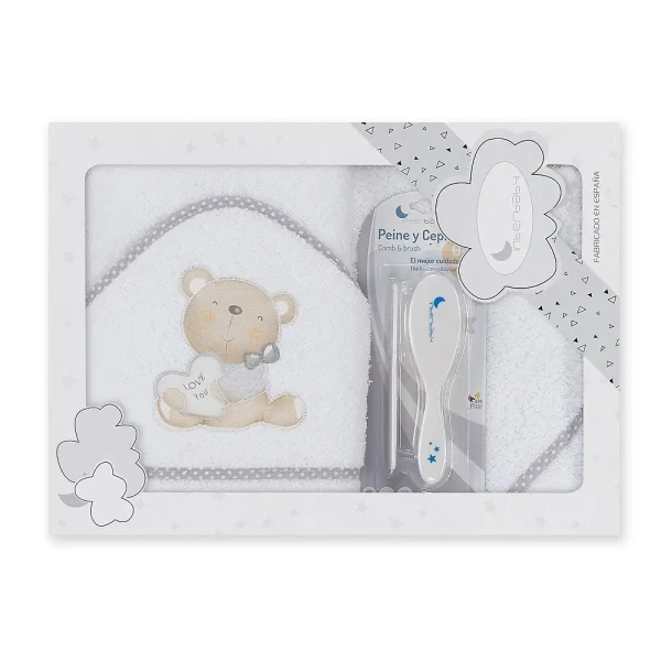 INTERBABY | OSUŠKA froté MEDVÍDEK LOVE + hřeben - bílo/šedá