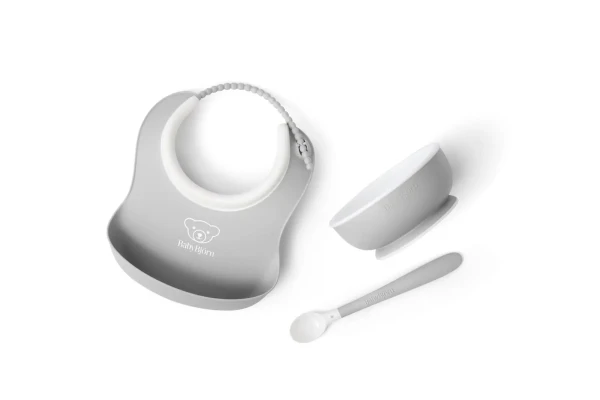 Babybjorn set na krmení 3 dílný,malý  bryndák, miska a lžička, světle šedý